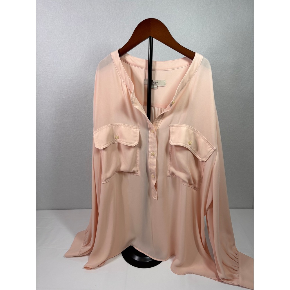 Loft Womens XXL Peach Pink Long Sleeve Utility Blouse Button Front Flap Pockets